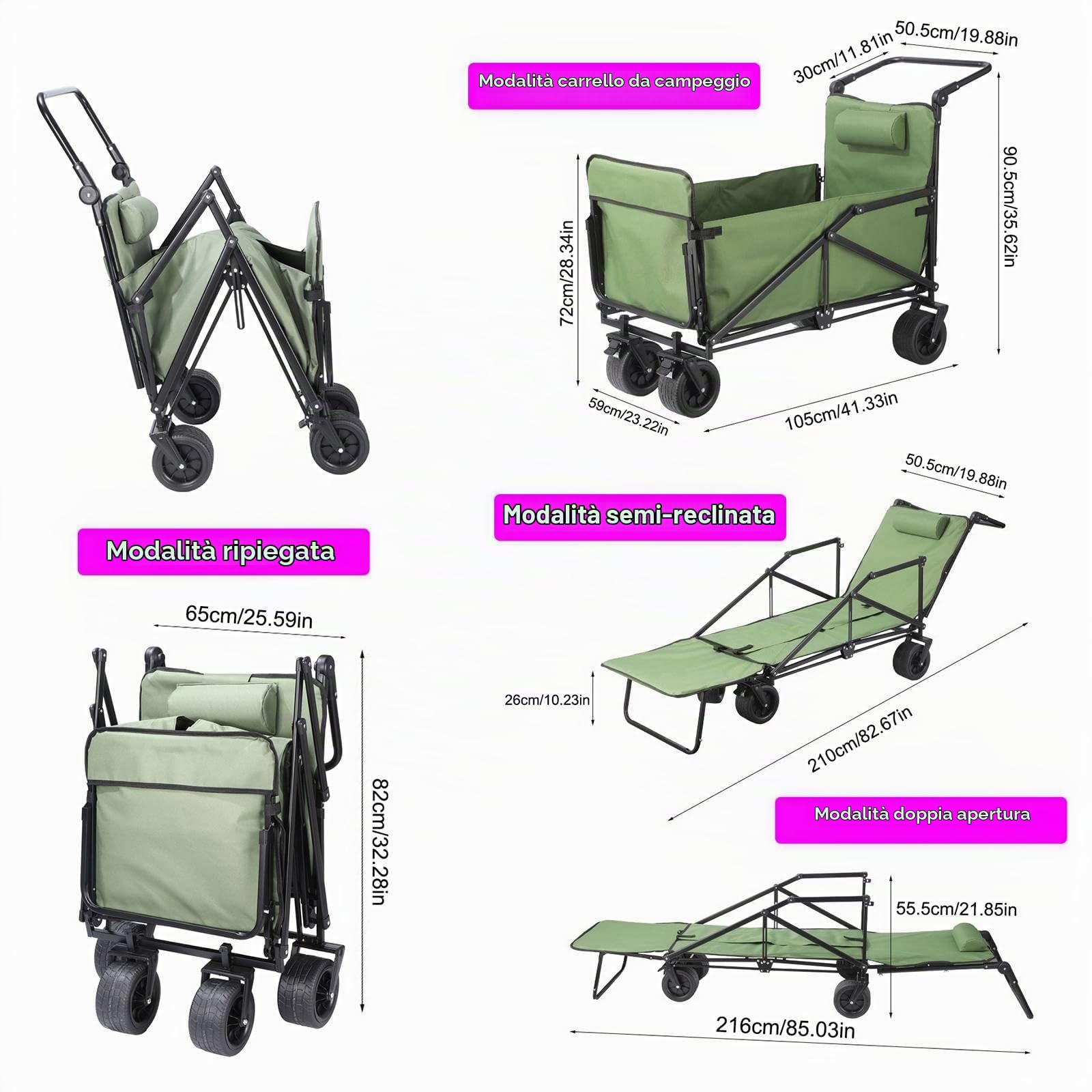 Carrello Pieghevole 2-in-1 & Lettino Solare, Carretto Spiaggia Portatile con Ruote A Tutti I Terreni - per Campeggio, Festival, Shopping, Giardino E Picnic, capacità Max 150kg