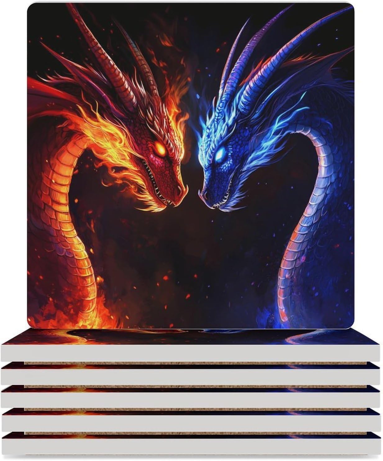 Ice and Fire Dragon Coaster for Drinks Square Ceramic Table Coasters Stone Mat Crafts 6PCS Home Kitchen Decor