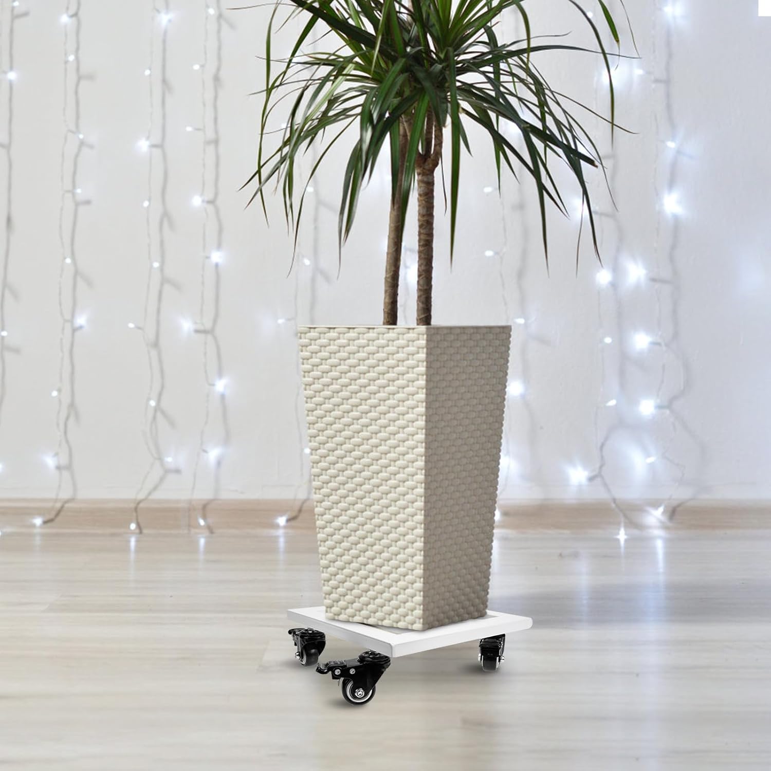 Yardwe Movable Flowerpot Tray with Swivel Wheels Thickened Iron Plant Pot Base 25x25cm White for Indoor Outdoor Garden Plant Dolly Caddy