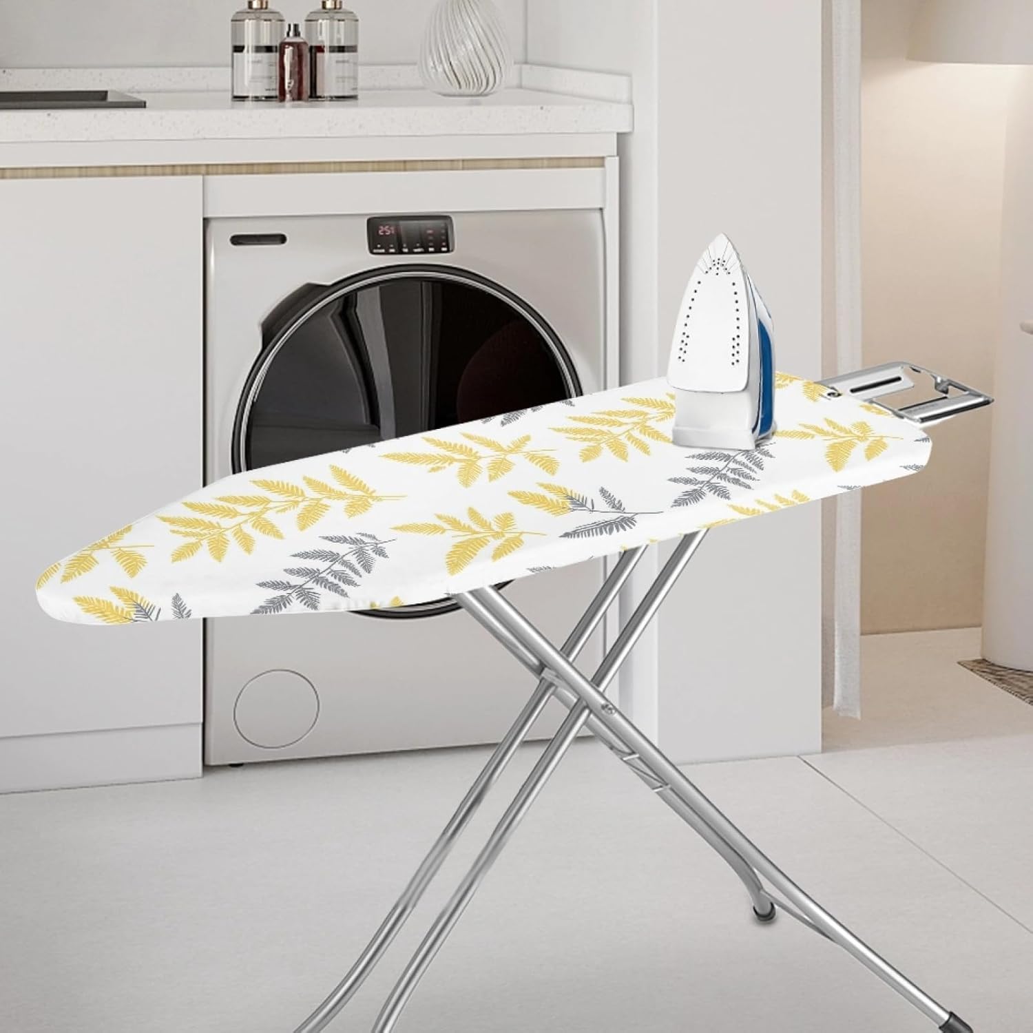 Iron Board Cover with Padding Standard Size Bright Yellow Gray Oval Padded Ironing Board Covers 15x54 Heat Reflective Extra Thick Wide Non Stick Scorch and Stain Resistant Heatproof