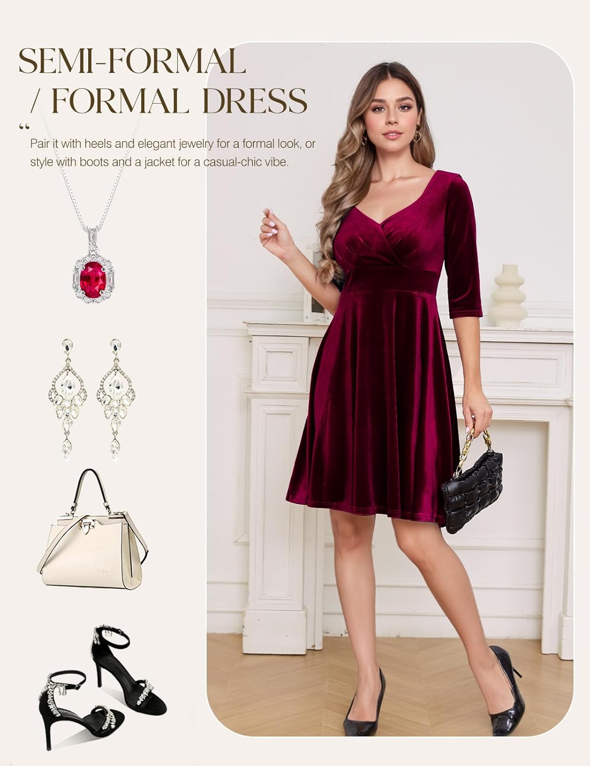 Bbonlinedress Womens Velvet Long Sleeve Formal Wedding Guest Vintage Cocktail Holiday Party Midi Dress - Image 5