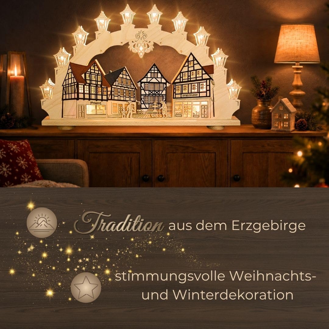 weigla - Schwibbogen original Erzgebirge I Motiv Altstadt I LED Lichterbogen Weihnachten I 15 Lampenkerzen + 1 Ersatzlampe I 15 x 16 V, 0,2 W, E10 I beleuchtete Weihnachtsdeko innen I aus Holz