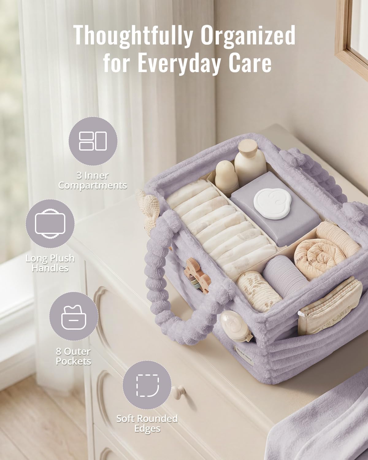  Flannel Diaper Caddy Organizer with Gift Packaging, Portable Nursery Storage Basket, Gift for Baby Shower, Newborn Boys & Girls Essentials, Registry Search Must Haves, Light Purple thumbnail