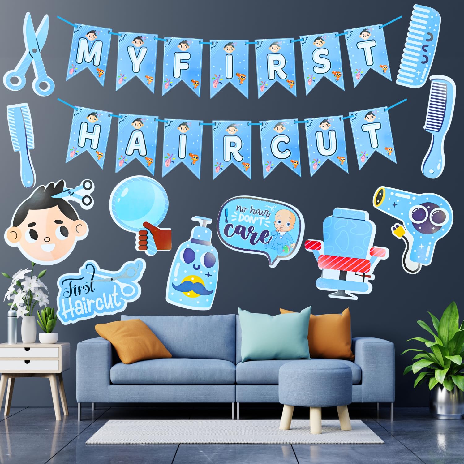Party Decorz My First Hair Cut / Mundan Ceremony Decoration Set Of 12 pcs|My First Hair Cut Paper Banner (1 Set)|Hair Cut / Mundan Ceremony Paper Cutout (11 Set) (Blue)