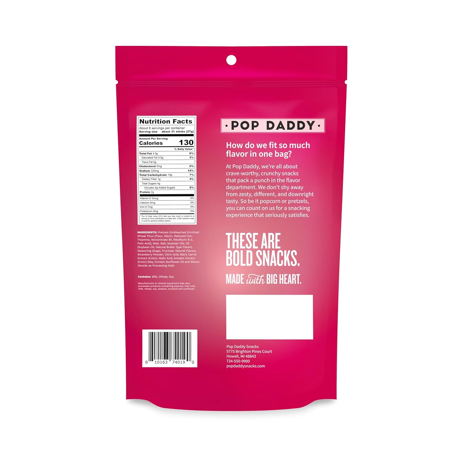 Pop Daddy Flavored Pretzels Sticks, Healthy Gourmet Pretzels Snacks, 7.5oz Individual Bags, 3 Pack, Strawberry Shortcake
