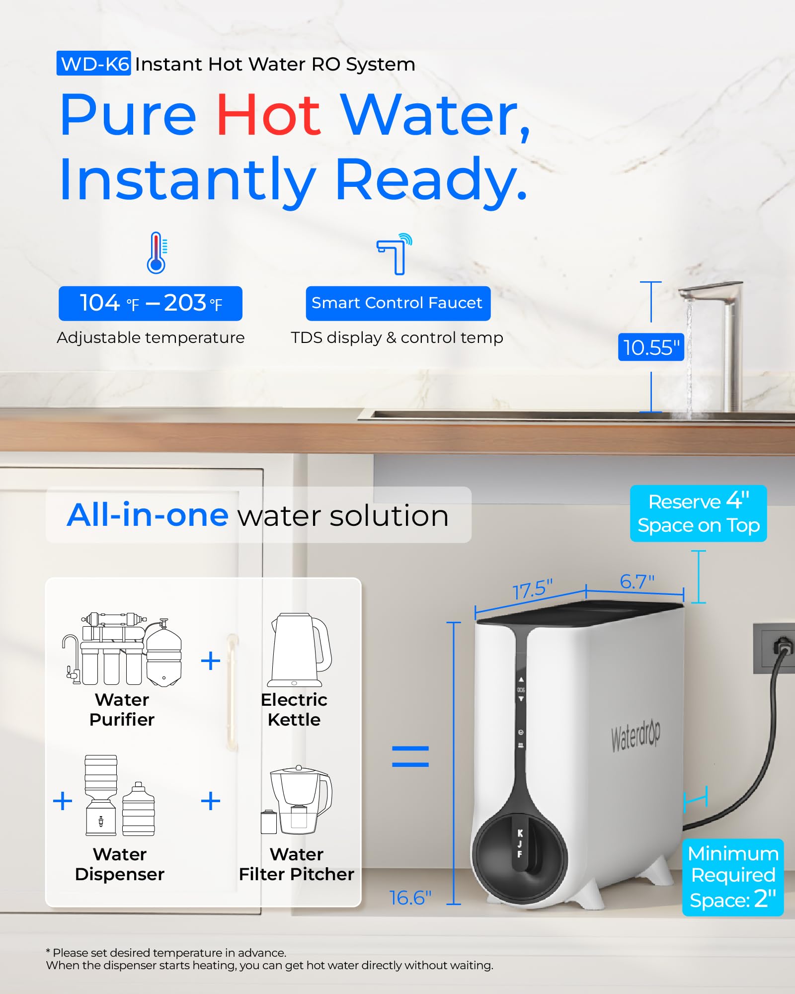 Waterdrop Reverse Osmosis System, Instant Hot Water Dispenser, 600 GPD, Reduce PFAS, Tankless, 2:1 Pure to Drain, Under Sink, TDS Reduction, Smart LED Faucet, Hot and Cold Water Dispenser Faucet