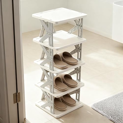 Miniatura 7 de Estante de plástico plegable para zapatos de 5 niveles, estante de almacenamiento estrecho para espacios pequeños, gris