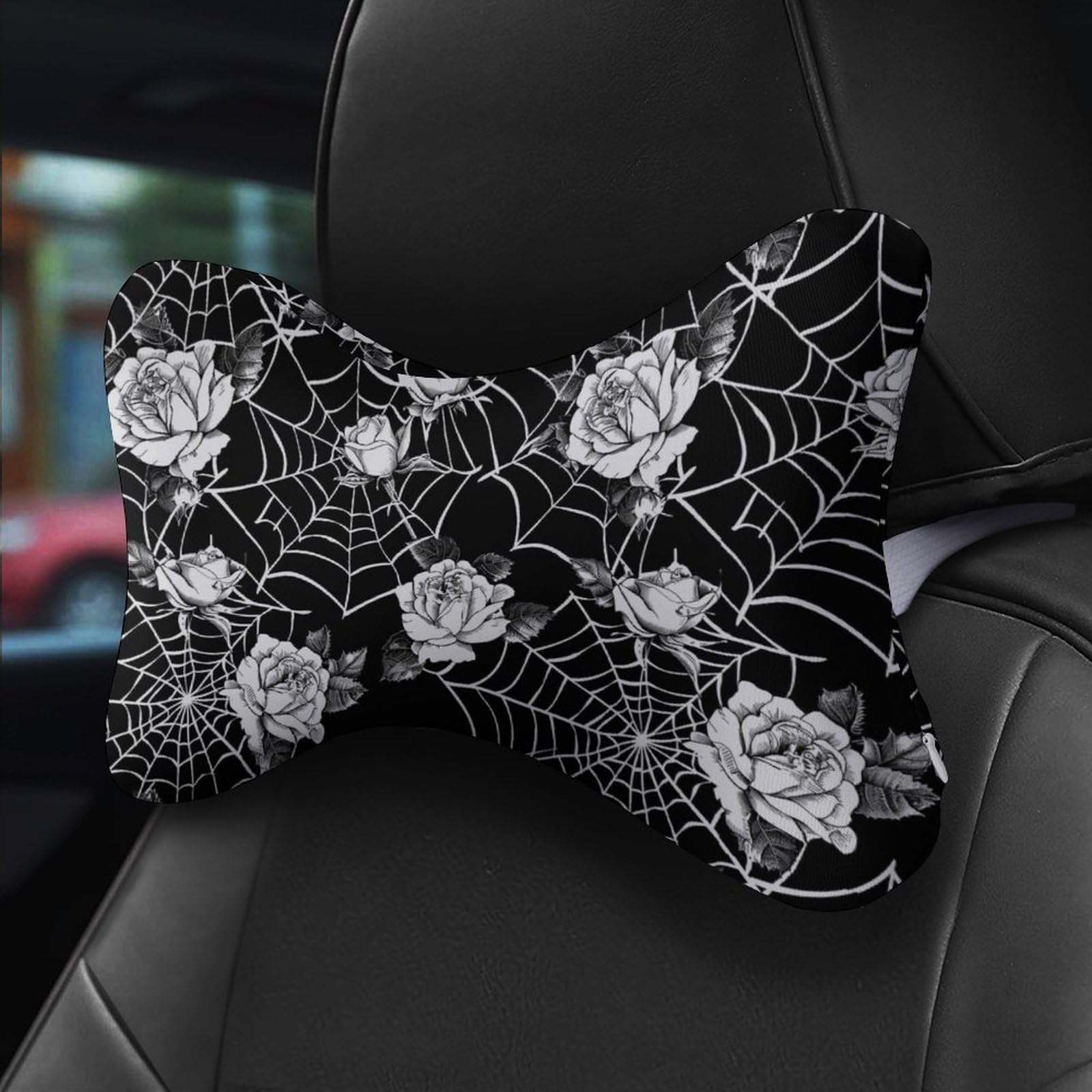 SMAZDFXX Spider Web Cobwebs White Rose Car Neck Pillow Set of 2 Car Seat Head Support Cushion Bone Pillows with Elastic Strap