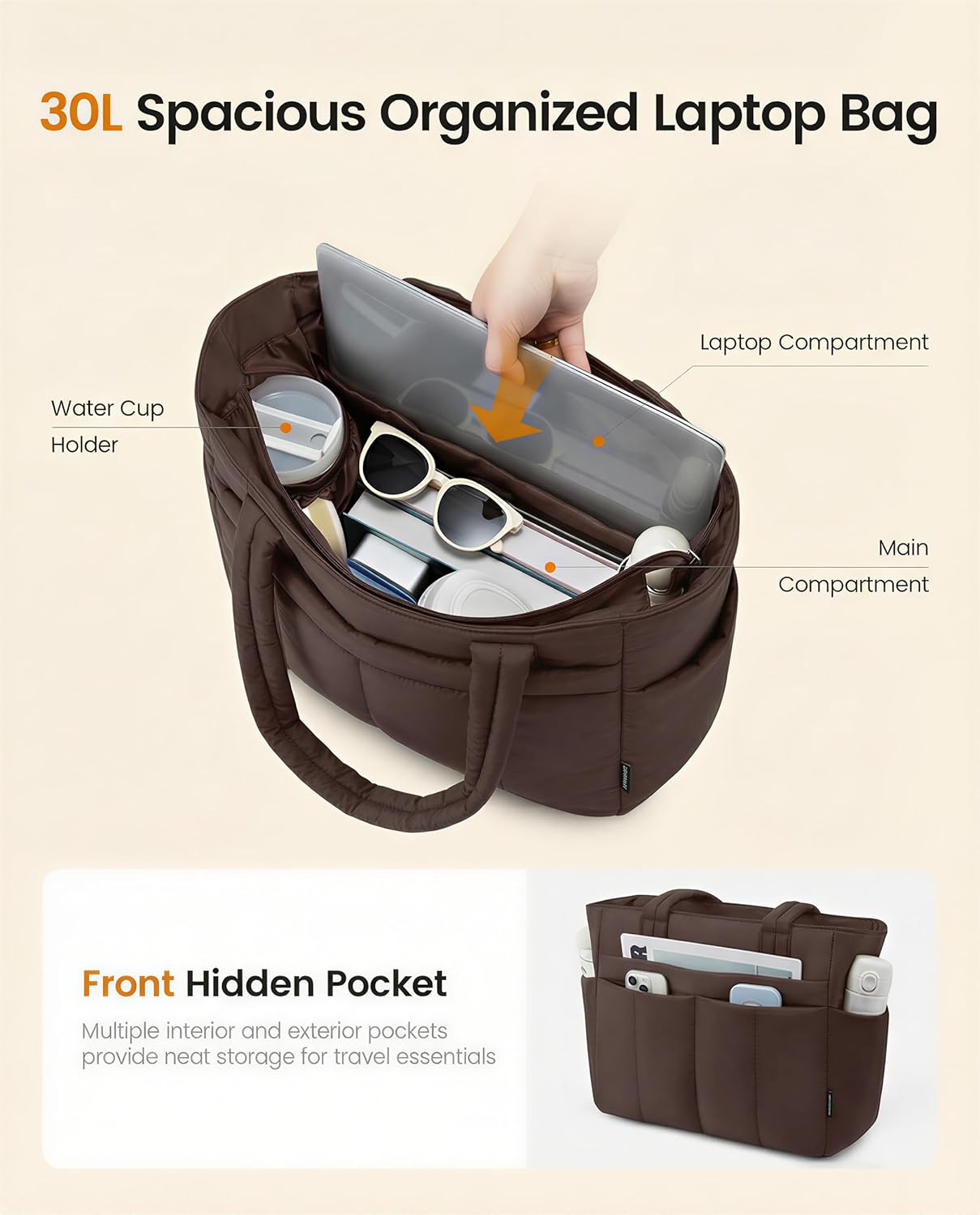 LOVEVOOK Puffer Tote Bag for Women Quilted Work Tote Handbags with Zipper 15.6 inch Teacher Nurse Bags for Office - Image 3