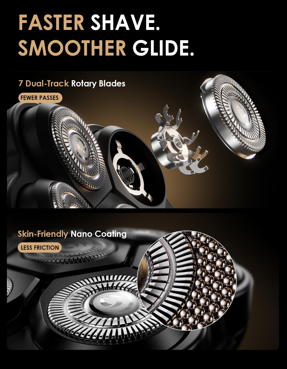 TEKARC 7D Head Shaver for Bald Men, Wet/Dry Electric Razor, USB-C, Black & Gold