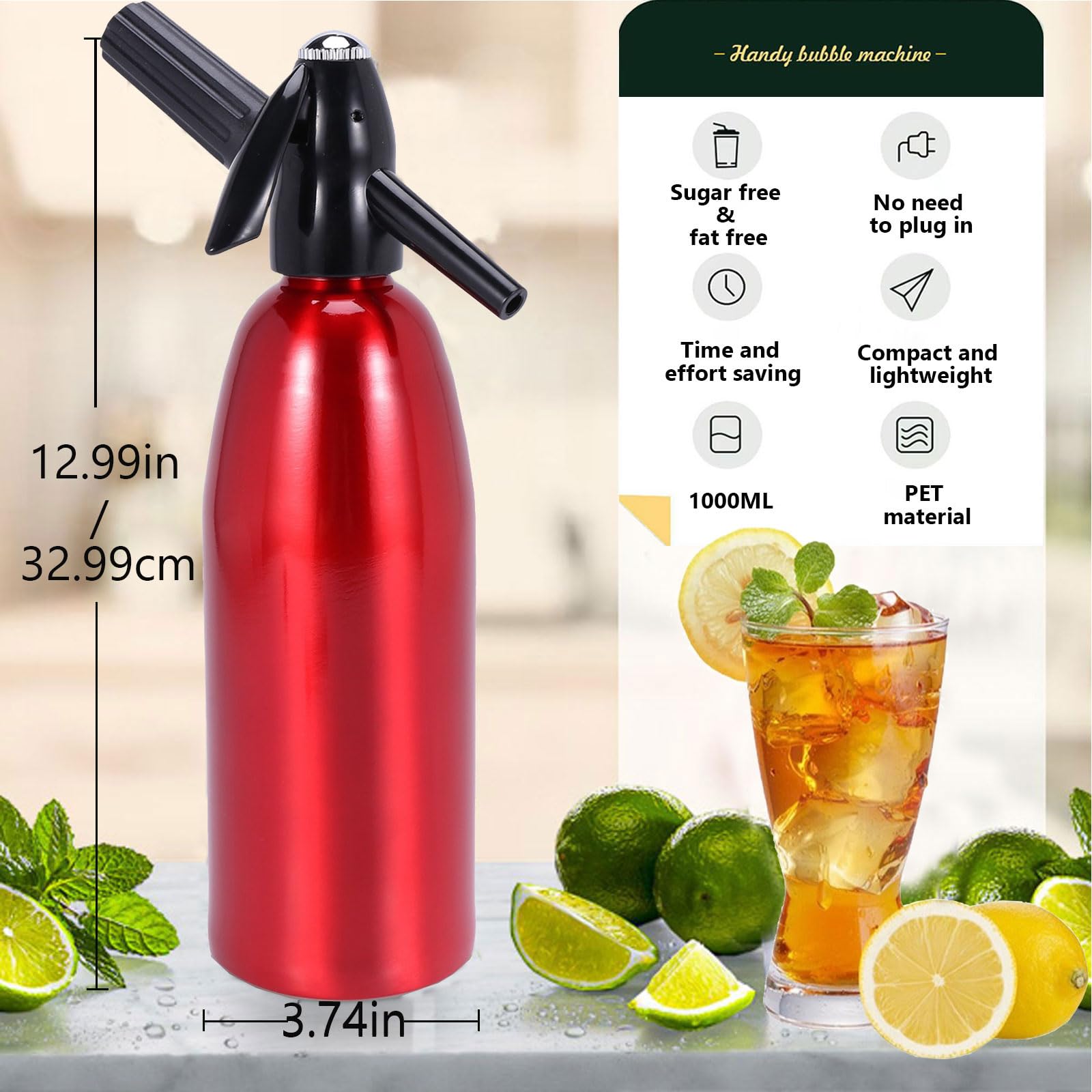 Siphon à Soda 1 Litre En Aluminium - Machine à Eau Gazeuse Maison - Portable Avec Cartouche CO2 (non Incluse)