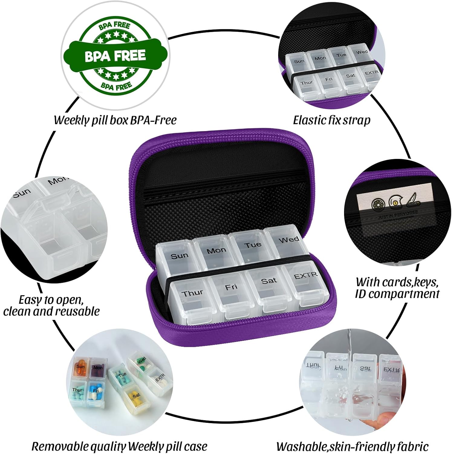 Pill Case Weekly Travel Pill Organizer for Purse with Removable 7 Day Pill Box Premium Neoprene Pill Container for Travel Purse Accessory, Vitamin, Supplement, Small Pieces Arrangement-Purple - Image 4