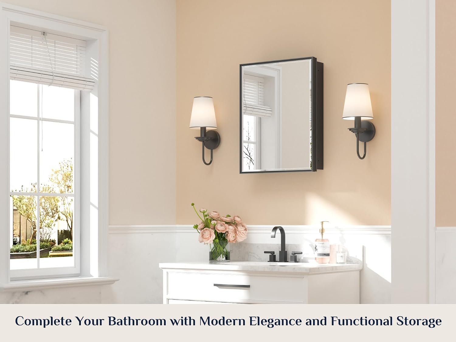 Keonjinn 20" x 26" Black Medicine Cabinet for Bathroom, Recessed or Surface Wall-Mounted Aluminum Alloy Framed Beveled Mirror with Storage, Mirrored Cabinets with 2 Adjustable Shelves for Bath Modern