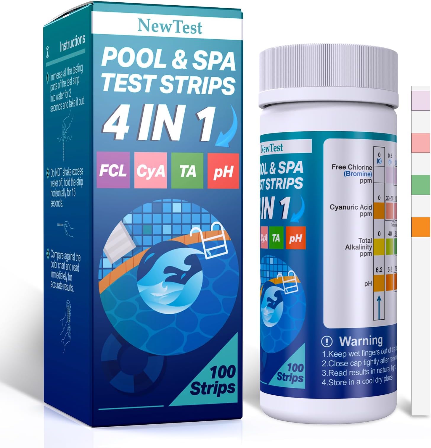 Hot Tub Test Strips: 4 Way Swimming Pool Test Strips for Free Chlorine Bromine & Total Alkalinity & Cyanuric Acid & pH Testing - 100 Quick Accurate Results Spa & Pool Water Test Kit