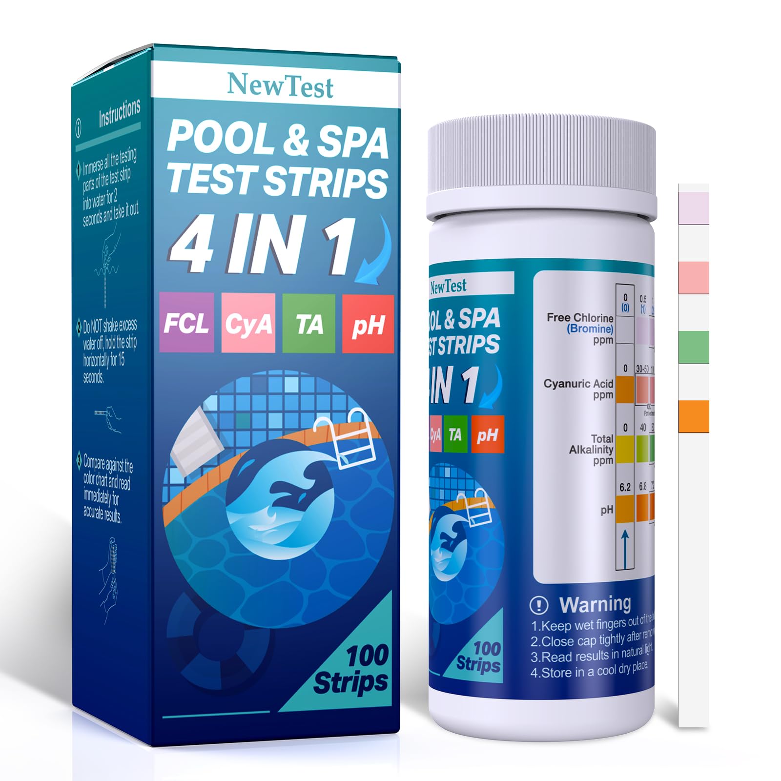 Hot Tub Test Strips: 4 Way Swimming Pool Test Strips for Free Chlorine Bromine & Total Alkalinity & Cyanuric Acid & pH Testing - 100 Quick Accurate Results Spa & Pool Water Test Kit