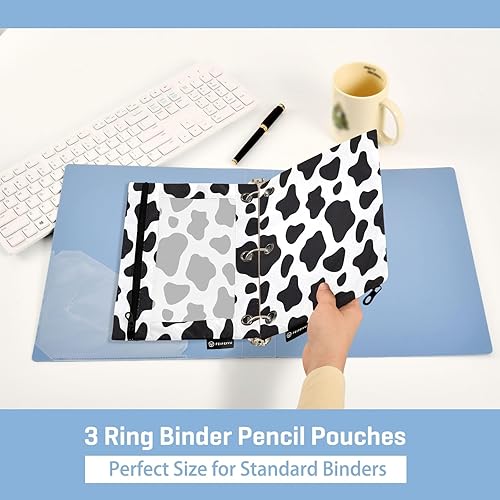 Miniatura 5 de Estuche para lápices con estampado de vaca en blanco y negro para carpeta de 3 anillos, 2 bolsas para lápices con cremallera, estuche transparente