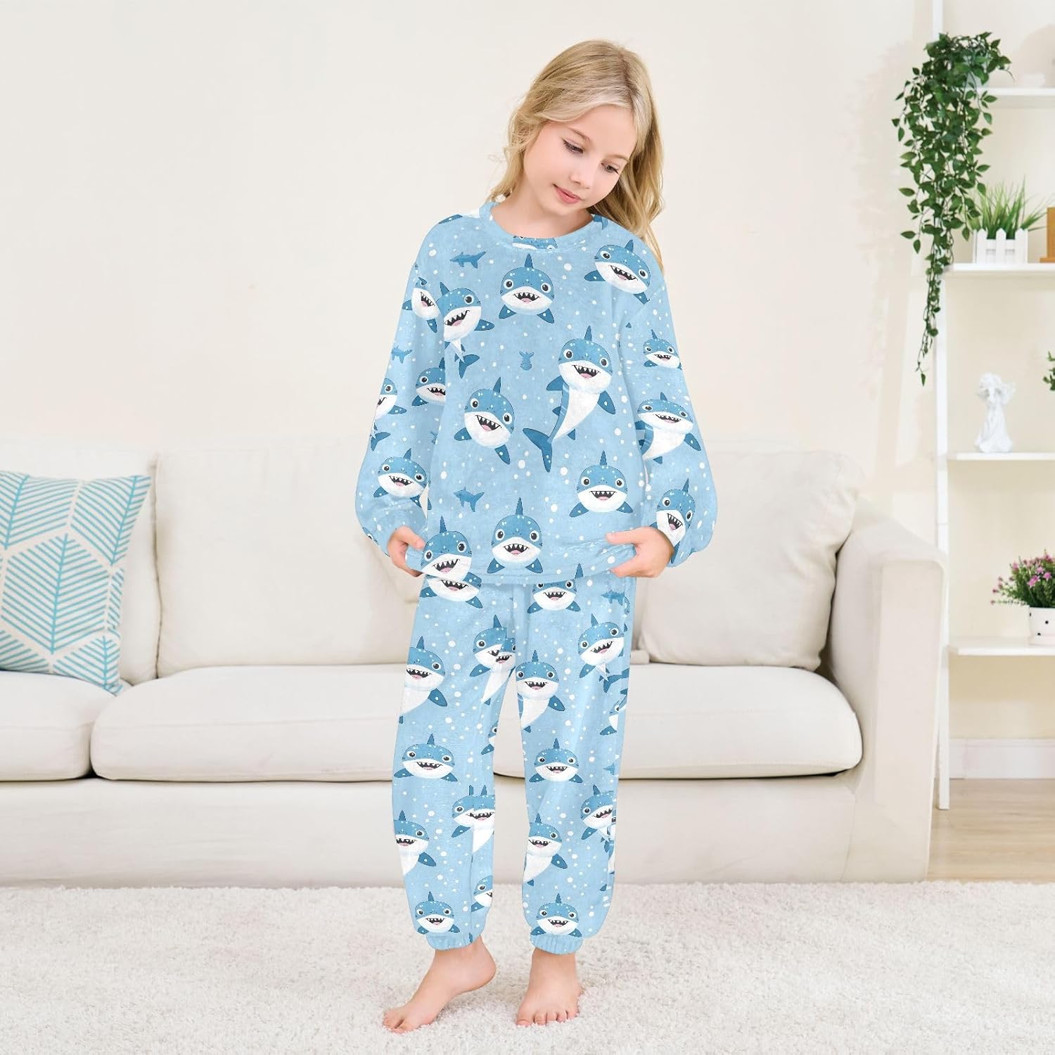 Kids Flannel Sets Cartoon Pattern with Little Shark Warm Plush Relaxed Clothing for Boys and Girls