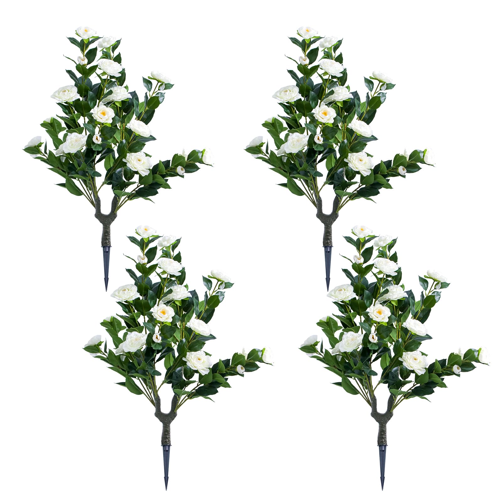 Artificial Topiary Ball Trees Set of 4 – White Camellia Flowers, 35.4" Lifelike Silk Shrubs with Ground Spike & Metal Stakes, UV Resistant Faux Plants for Home Decor, 4 White Flowers, 90x40cm