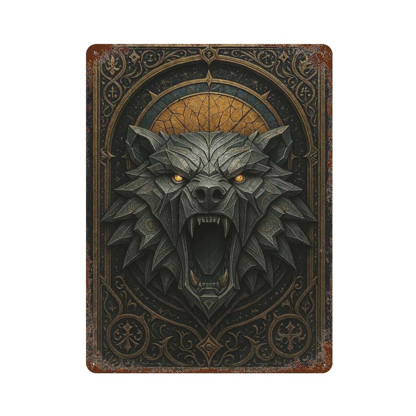 Roaring Bear – Gothic Guardian Beast Poster Rust Effect Tin Sign 15.7"x11.8", Rustic Home Decor for Garage, Pub Or Kitchen