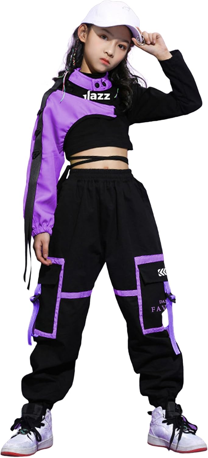 LOLANTA Girls Hip Hop Dance Clothes 3PCS Crop Top Cargo Pants Sets Active Outfits