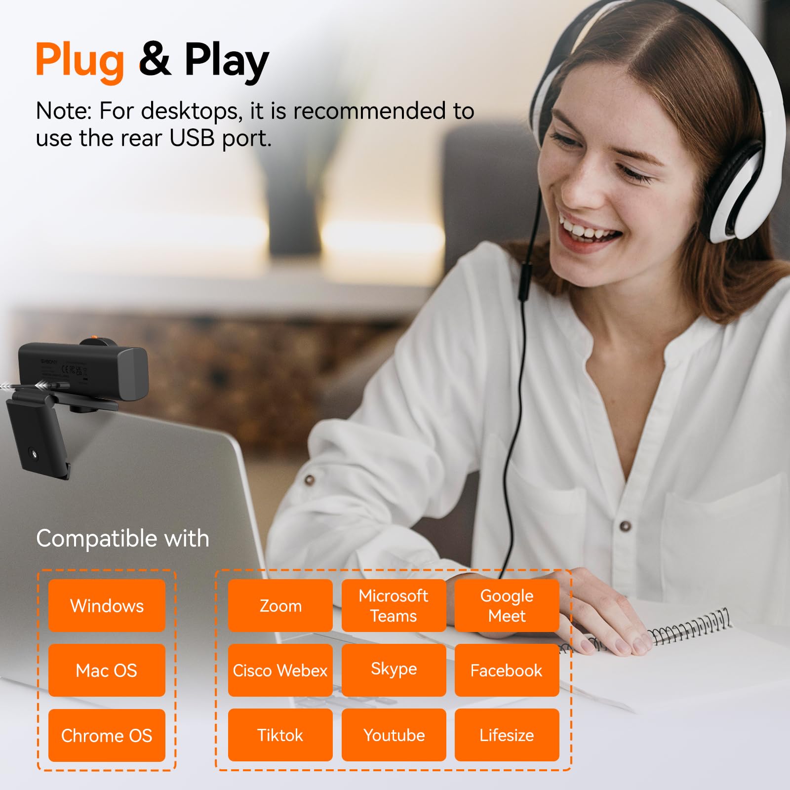 SVBONY SVN W1 - Cámara web 2K/30fps para PC, cámara web HD para laptop, reducción de ruido digital 3D, adaptación de poca luz, micrófonos duales con cancelación de ruido AI, para zoom, sesiones y