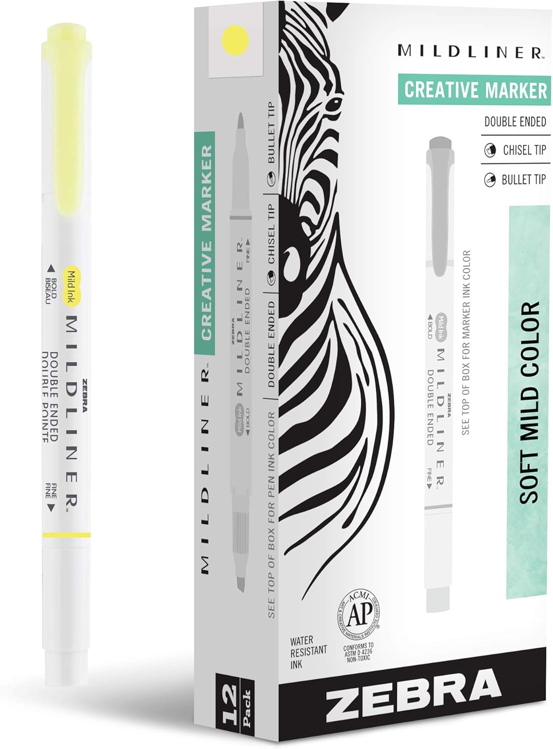 Zebra Pen Mildliner Double Ended Highlighter Marker Set, Broad and Fine Point Tips, Mild Yellow Ink, 12-Pack – (Case of 96 packs, 1152 Count Total)