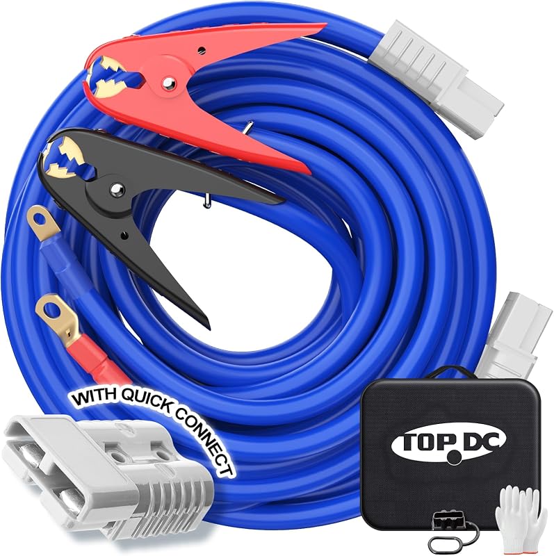 TOPDC Heavy Duty Quick Connect Jumper Cables for Truck, 1 Gauge, 25 Feet | UL-Listed clamps and quick connect ends are included with a carry bag for storage and transport.