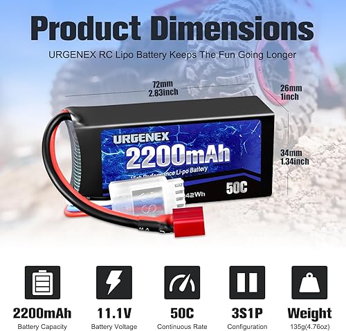 Miniatura 2 de URGENEX 3S Lipo Batería 2200mAh 11.1V 50C Alta tasa de descarga Shorty Pack Batería RC con enchufe T estilo Dean Fit para RC Avión Quadcopter