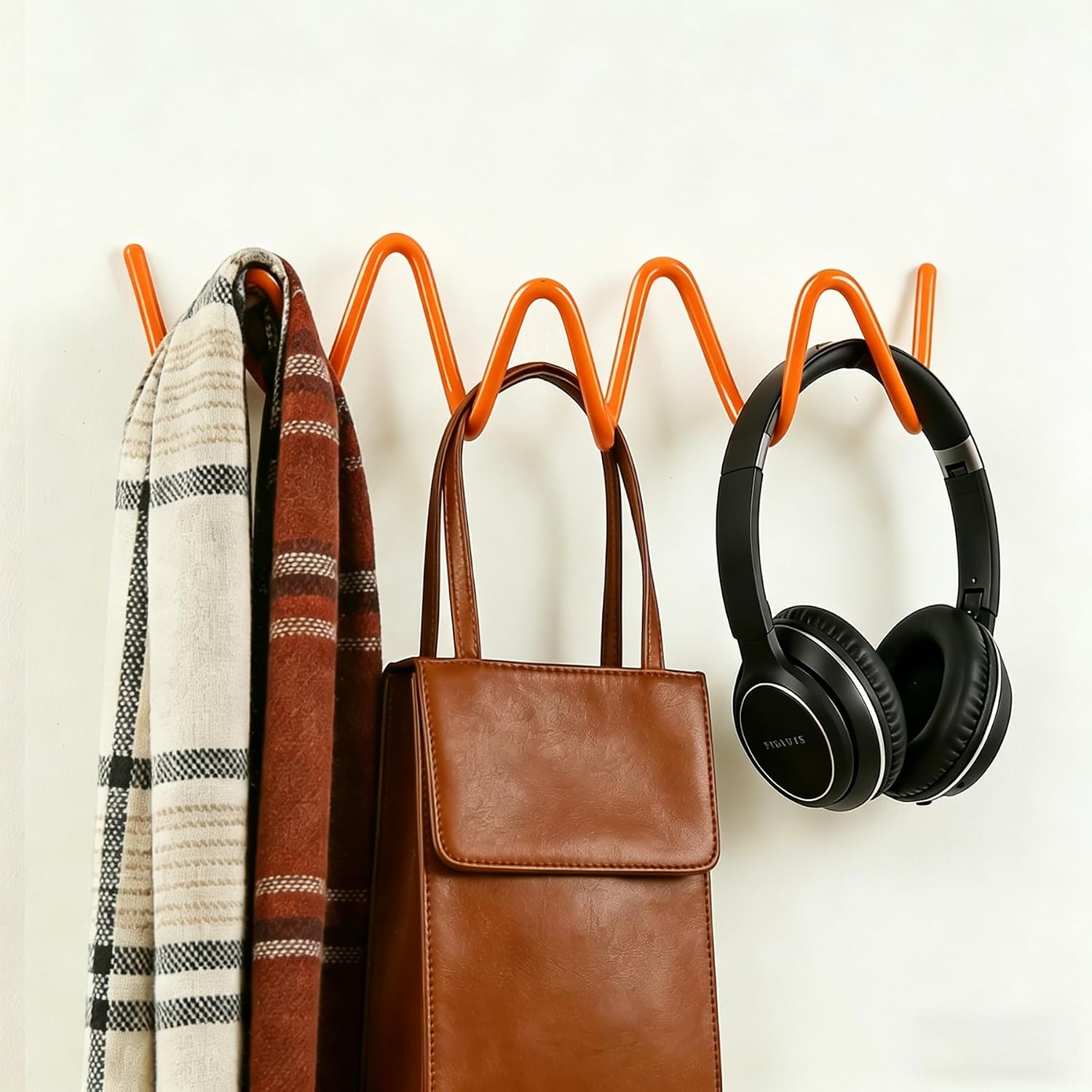 Orange Wall Mounted Coat Rack, Decoration Wave Shaped Wall Hooks, Multi-Purpose Hooks for Coat, Hat, Bag, Umbrella, Heavy-Duty Metal Rail for Bedrooms, Living Rooms, Bathrooms(11.81" x 2.56")