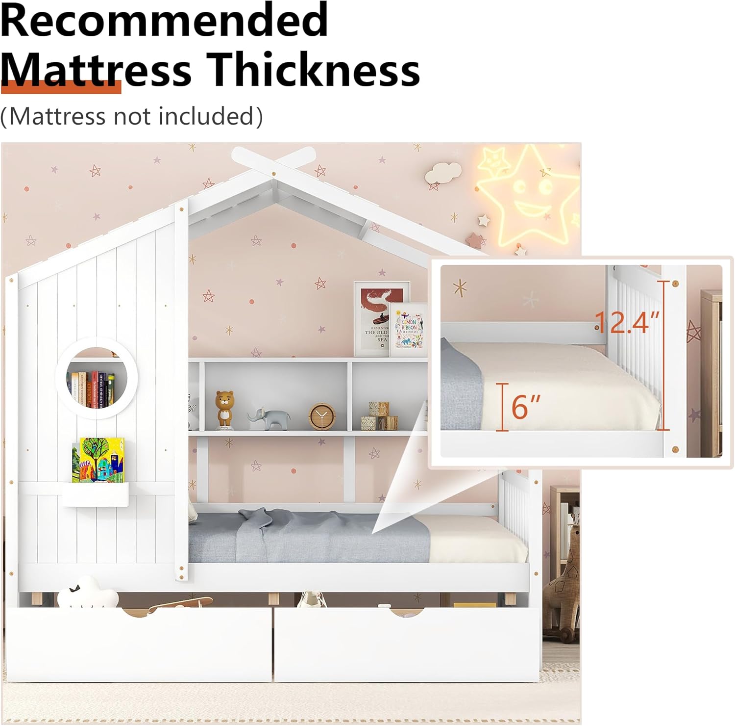 Full Size Bed Frames for Kids, House Bed with Window and Fence, Wood Platform Bed Frame with Drawers and Shelves, Playhouse Bed for Boys Girls, White, 78" L x 58" W x 72" H