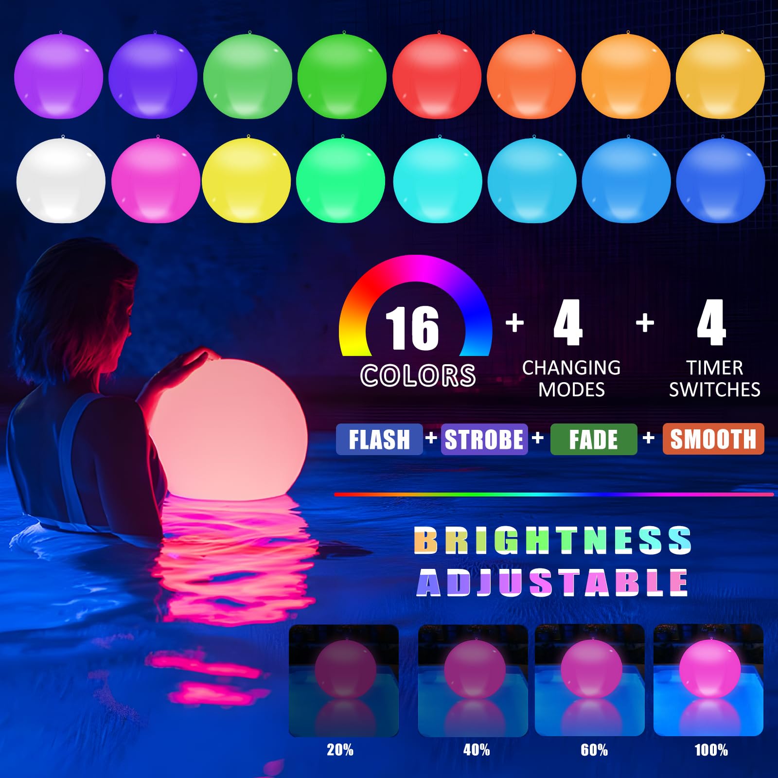 Solari Luci Galleggianti Piscina, 2Pz Solare Lampada Galleggianti Piscina con Telecomando,13.4In 16 RGB Solari Lampada Palle Luminose da Giardino Solari, IP68 Palle Luminose per Piscina Esterno