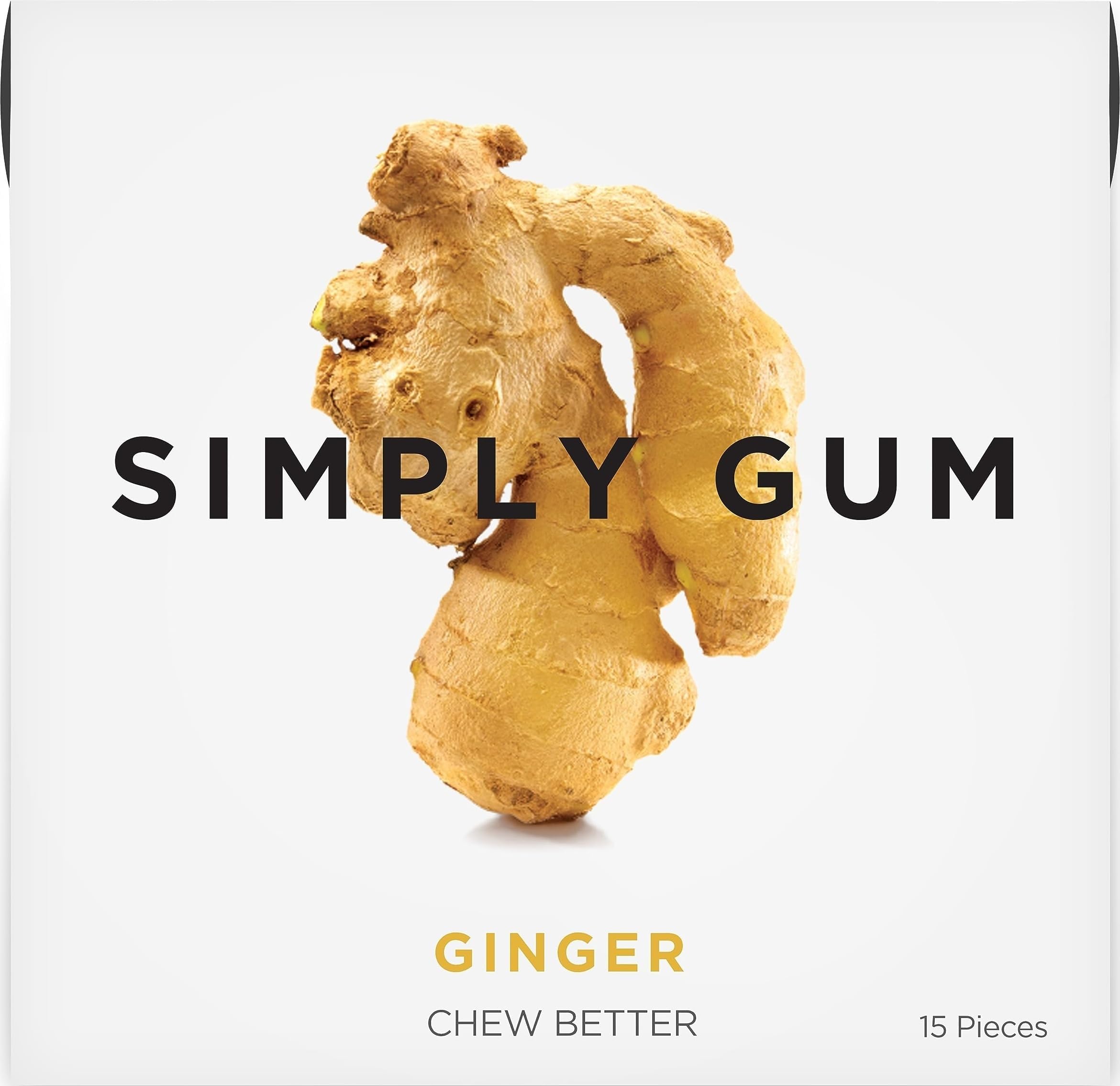 SIMPLY Gum Ginger, Plastic-Free Natural Chewing Gum, Made with real Ginger, 6 Pack (90 Pieces) | Vegan, Kosher, Non GMO, Aspartame Free and Sorbitol Free