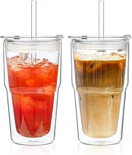 KEMORELA 2 Pack Double Wall Borosilicate Glass Tumblers with Lids and Straws, 16oz Insulated Iced Coffee Cups, Reusable Smoothie and Boba Drinking Glasses, Dishwasher Safe (2PCS Clear)