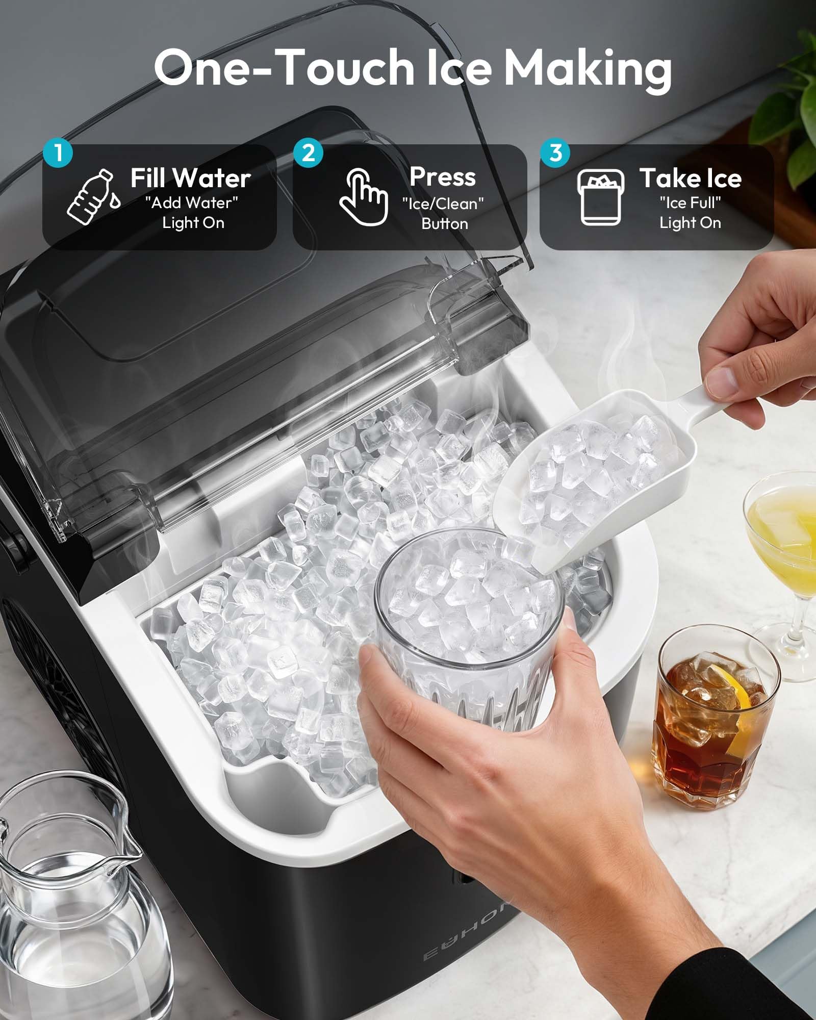EUHOMY Nugget Ice Maker Countertop with Handle, Ready in 6 Mins, 34lbs Per Day, Removable Top Cover, Auto-Cleaning, Portable Sonic Ice Maker with Basket and Scoop, for Home/Party/RV/Camping (): Black