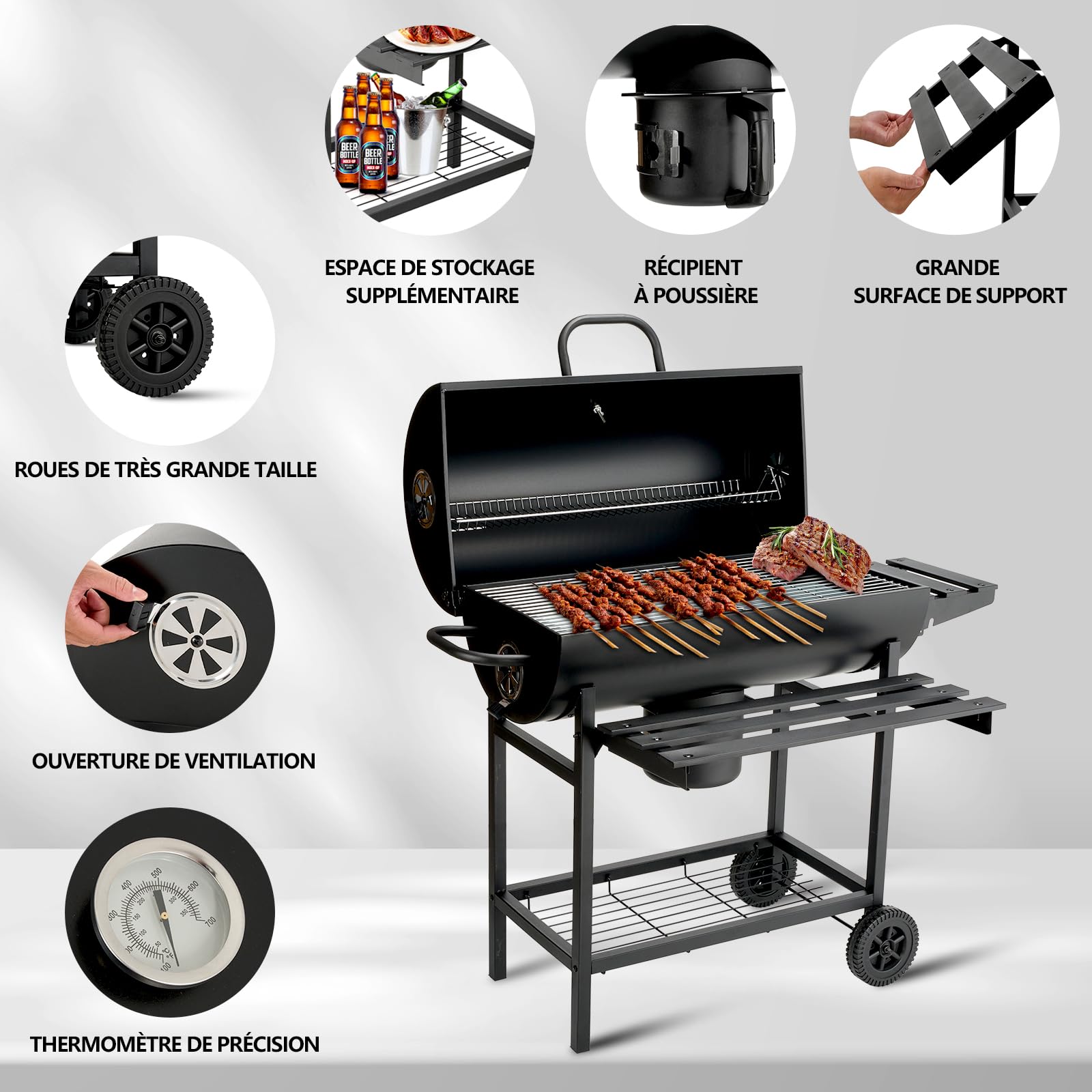 TEENO - Carro para barbacoa de madera, parrilla XXL de carbón con tapa, termómetro, cajón de ceniza, guantes antiquemaduras, ventilación ajustable, gran barbacoa de carbón de madera