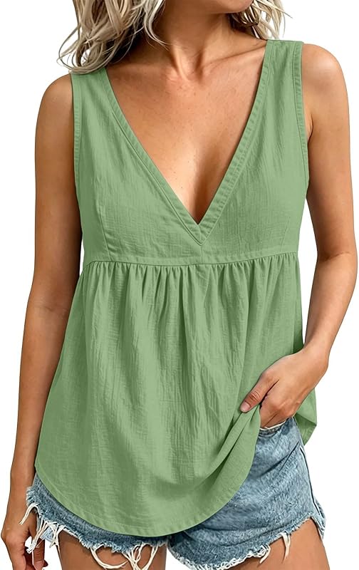 Camisetas sin mangas para mujer, cuello en V, sin mangas, casual, ajuste holgado, para vacaciones en la playa, blusa fluida de color sólido, camisas básicas