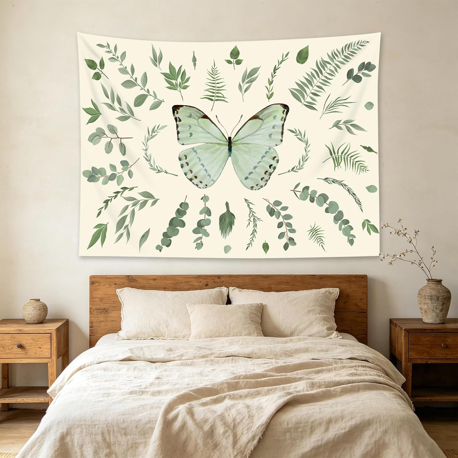 LB Sage Green Butterfly Leaf Wall Tapestry Boho Green Butterfly and Leaves on Beige Background Tapestry Aesthetic Nature Plant Wall Decor for Bedroom Living Room Girl Dorm 60x40 Inches