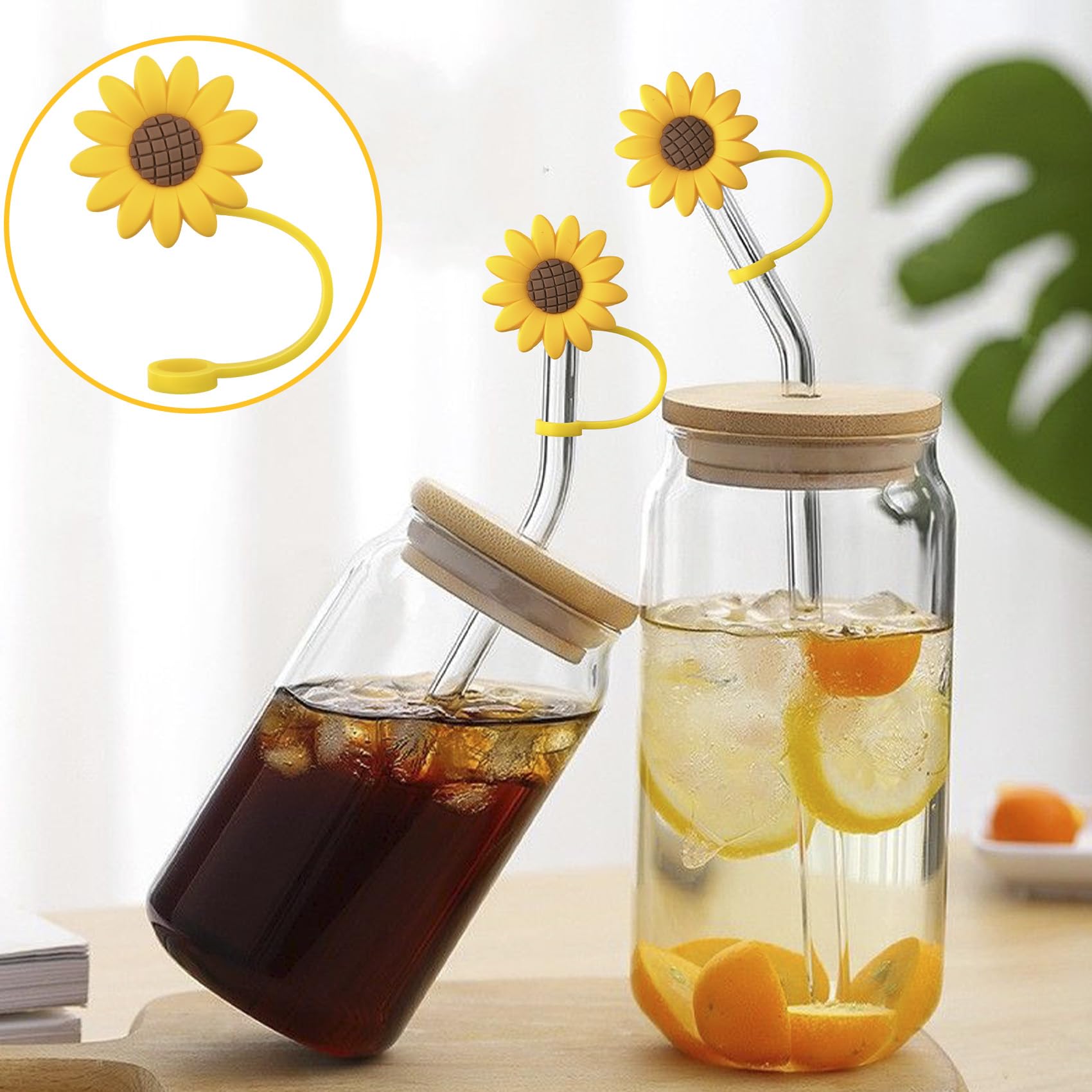 CustomyLife 5 Pcs 0.3inch Sunflower Straw Toppers Reusable Silicone Drinking Straw Covers Yellow Cup Dispenser Caps Dust-Proof Accessory