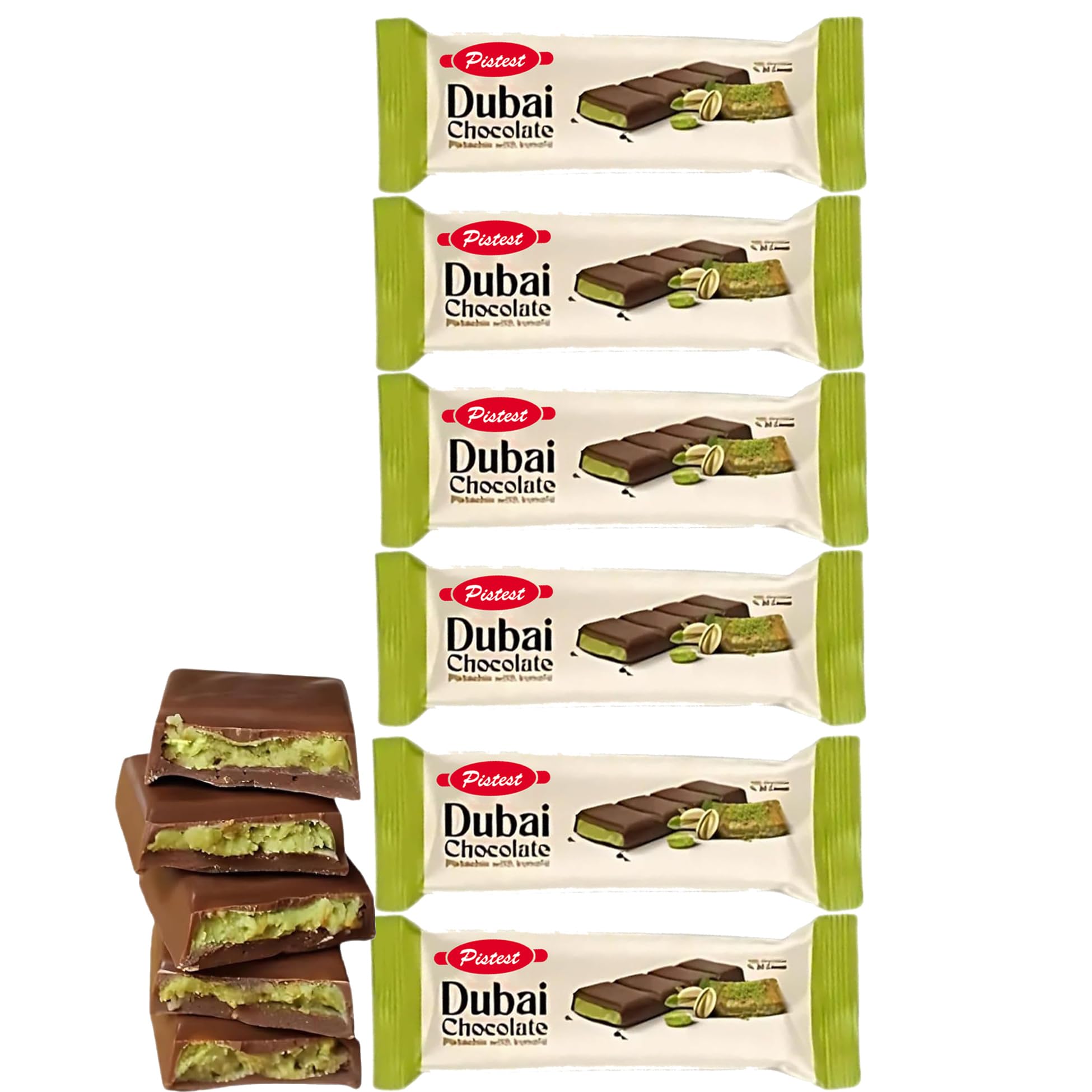 Dubai Kunafa Pistachio Chocolate Bars – Pack of 6 (27g Each) – Dubai Chocolate with Shredded Phyllo Dough – Freshly Made, 5.7 oz – Ideal Gift for Holidays, Birthdays, Corporate Events & Celebrations