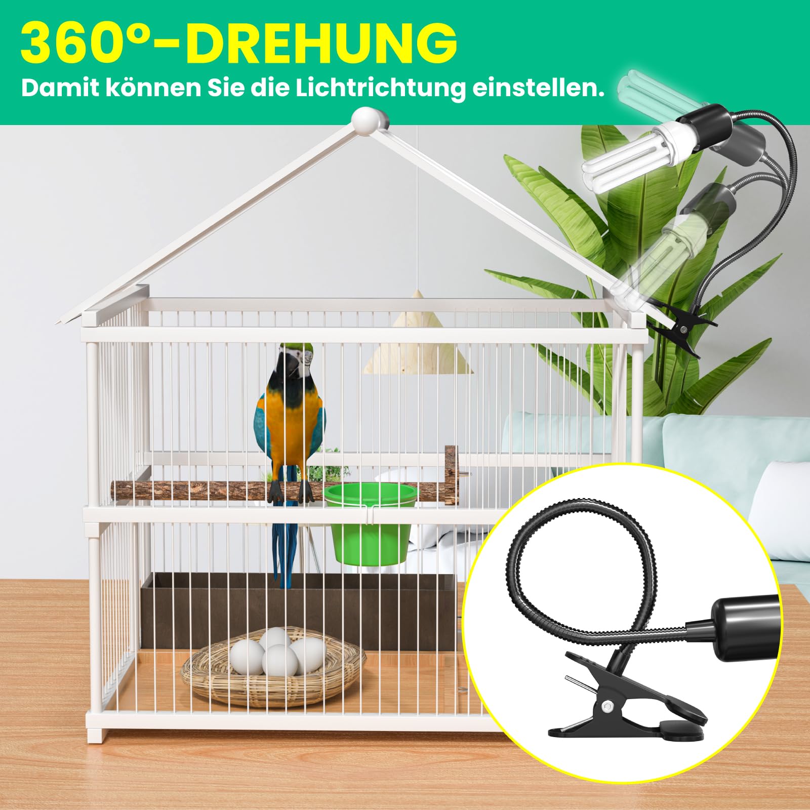 GlowUp UVB 2.4 Vogellampe mit Zeitschaltuhr, Klemmlampe mit 20W UVB 2.4 Glühbirne E27 UVB Licht Kombi Set für Vogel mit Timer