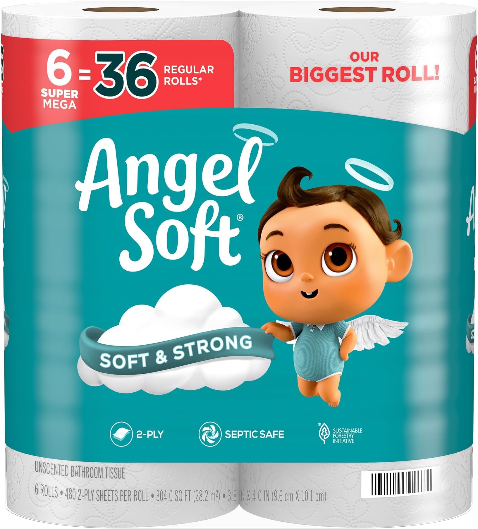 Toilet Paper, 6 Super Mega Rolls = 36 Regular Rolls, Soft and Strong Toilet Tissue