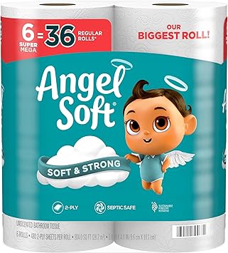 Angel Soft Toilet Paper, 6 Super Mega Rolls = 36 Regular Rolls, Soft and Strong Toilet Tissue