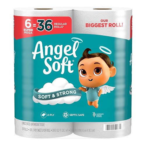Angel Soft Toilet Paper, 6 Super Mega Rolls = 36 Regular Rolls, Soft and Strong Toilet Tissue - Super Mega - 480 Sheet (Pack of 6)