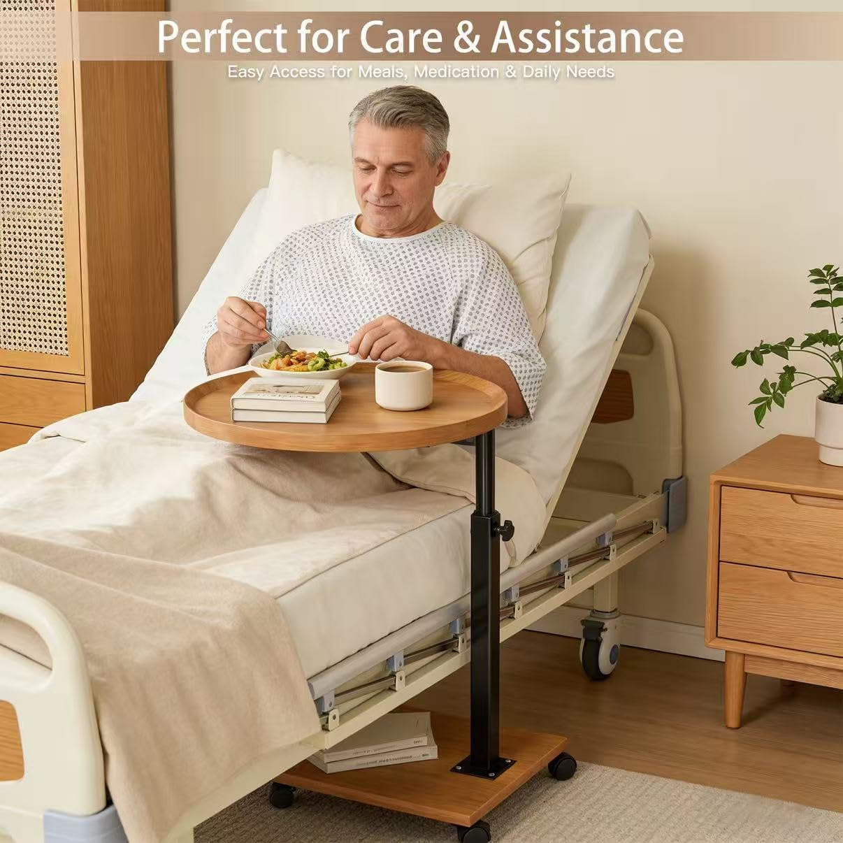 Mesa auxiliar con ruedas, mesa auxiliar regulable en altura y ruedas (45-80 cm) en forma de C de madera con ruedas giratorias de 360°, pequeña mesa de centro para salón, sofá y cama (color