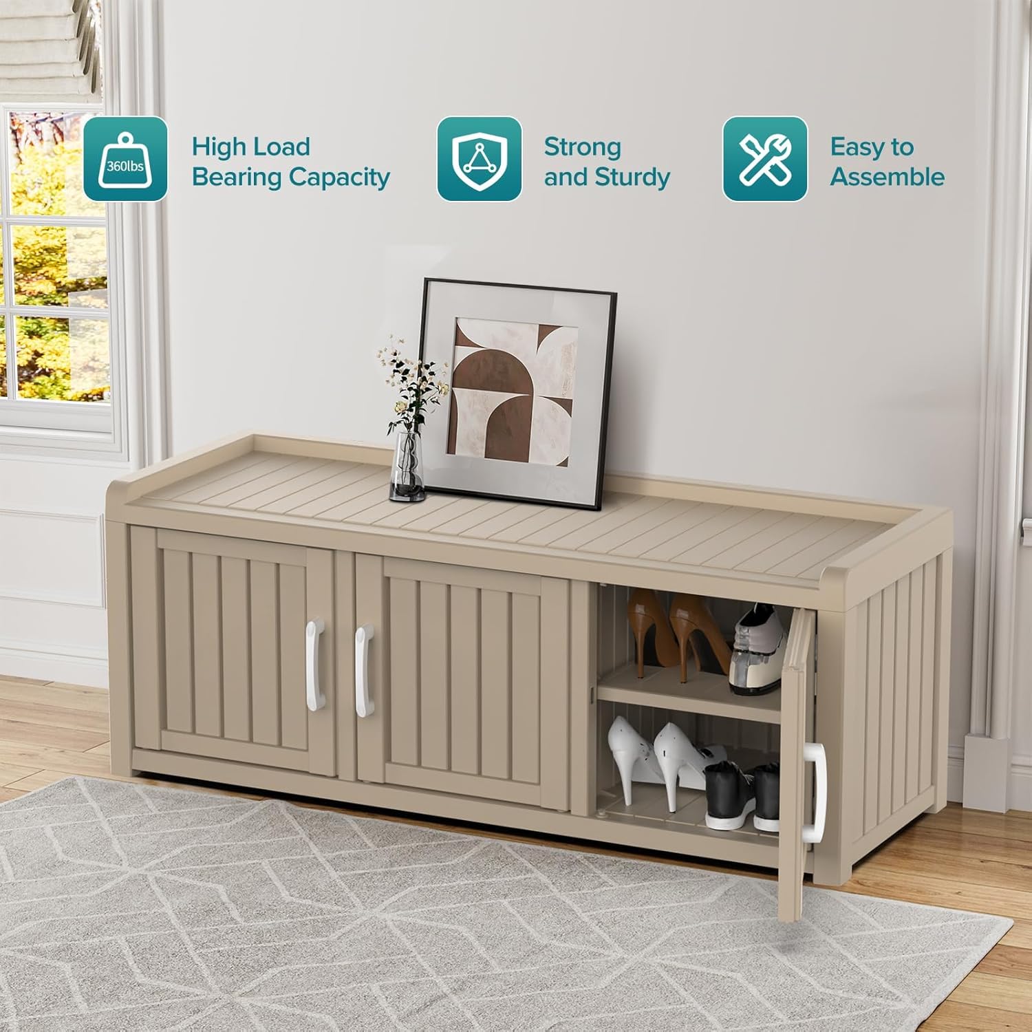 DRATO Outdoor Shoe Storage Cabinet, Shoe Bench with Storage, Waterproof Resin Large Shoe Cabinet with Doors for Outdoor Indoor Entryway Hallway Bedroom (Gray, 3 Doors)