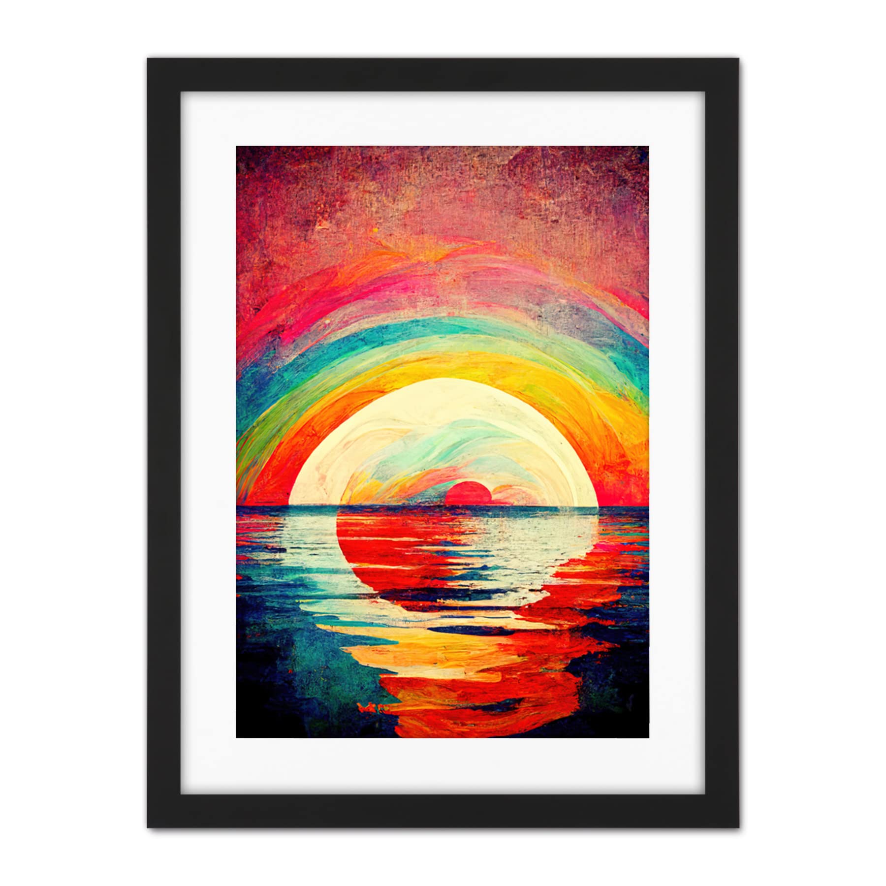 Doppelganger33 LTD Rainbow Sunset At Sea Vibrant Expressionism Artwork Framed Wall Art Print 18X24 Inch