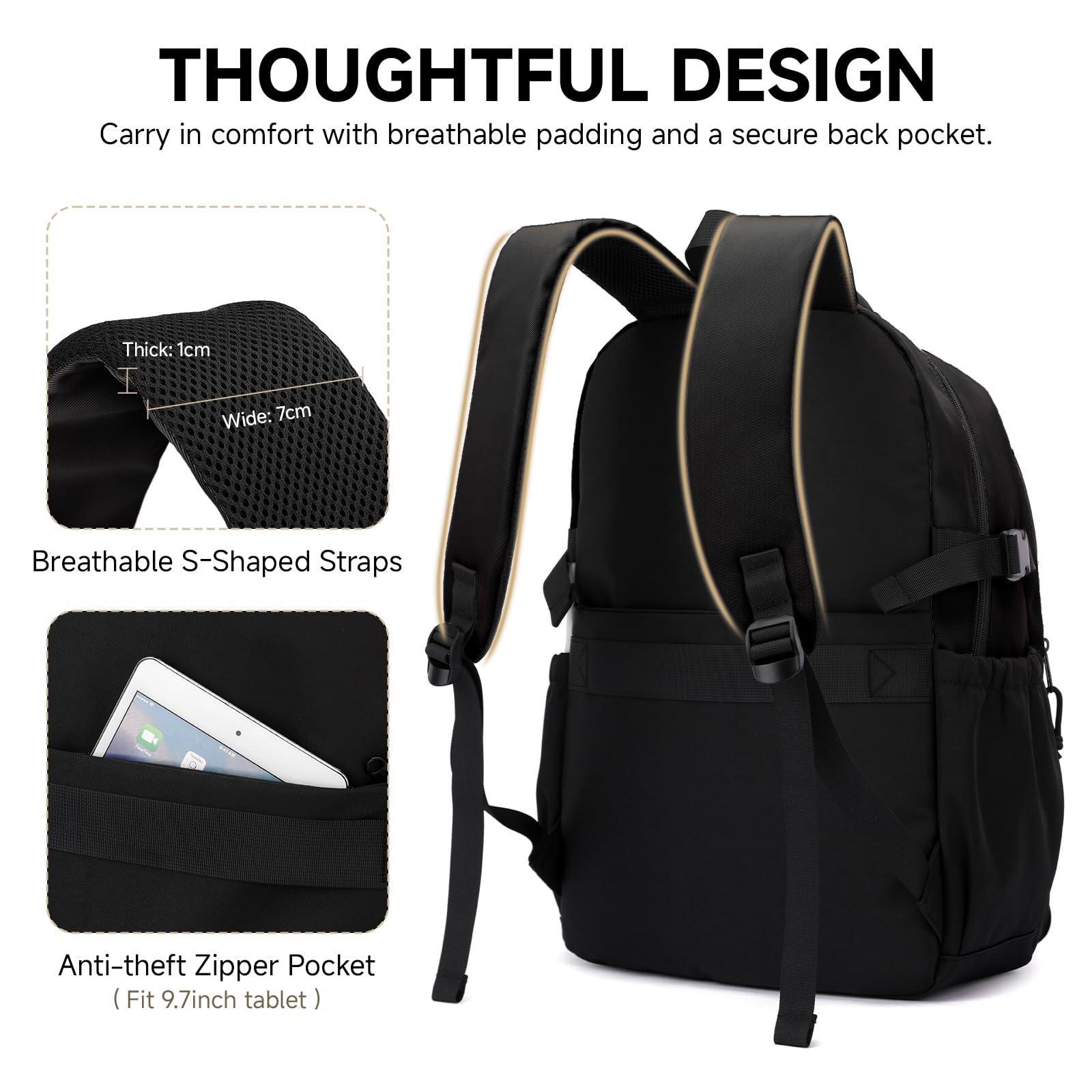 Amythe Zaino per Ragazzi, Zaino Scuola Media Superiore 30L Impermeabile, Zaini Casual Moda Nero Uomo per Laptop 15.6", Ideale per Rientro Scolastico, Natale, Viaggi e Campeggio