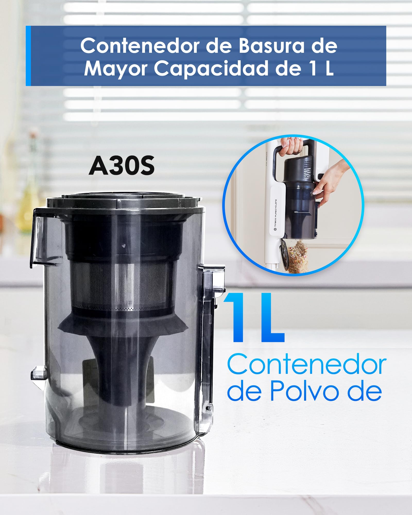 Tineco A30S Aspiradora Sin Cable, ZeroTangle, PureCyclone, Luz LED