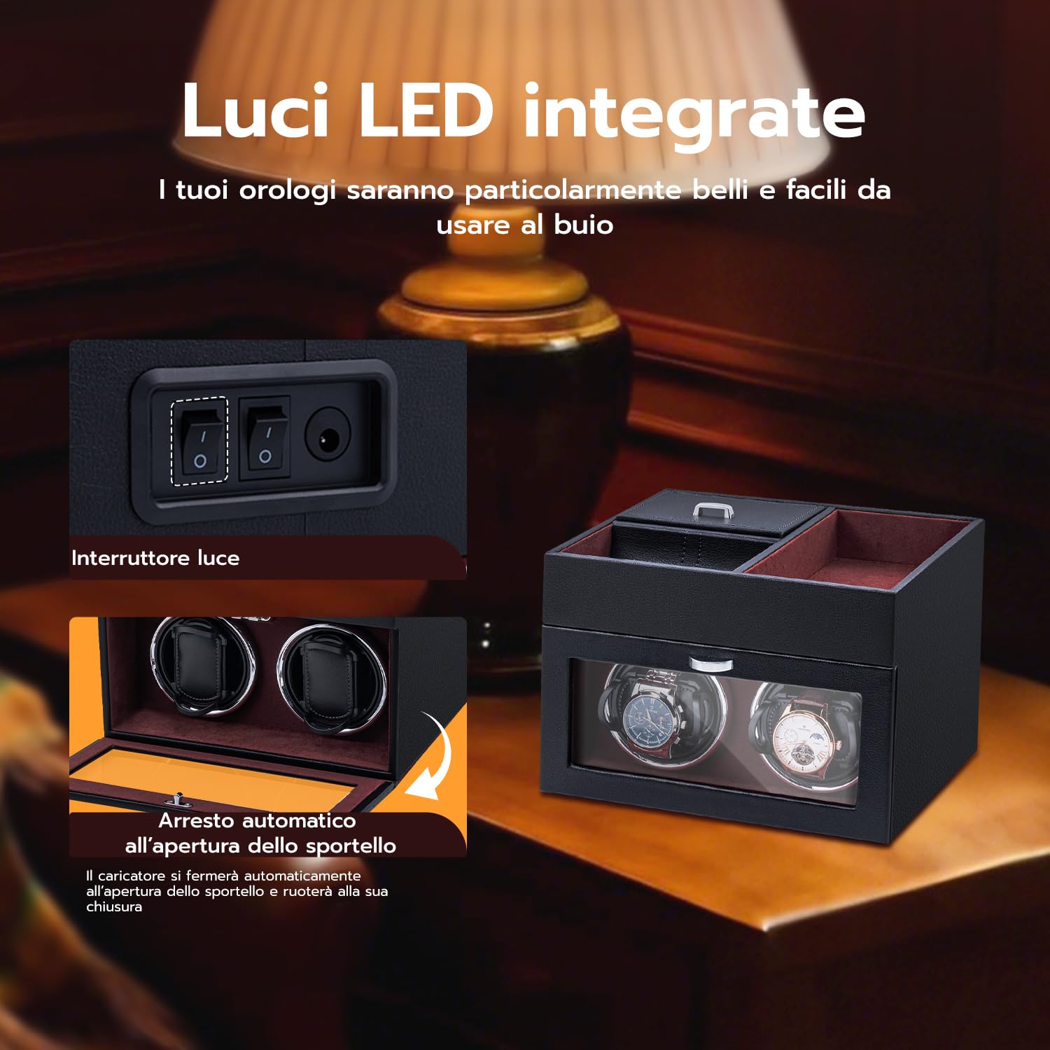 Mcbazel Multifunzionale Scatola Carica Orologio per 2 Orologi,Orologi Automatici Display LED Luce Scatola di Carica dell'Orologio Gioielli con Motore Silenzioso 1 Modalità di Rotazione -Vino Rosso