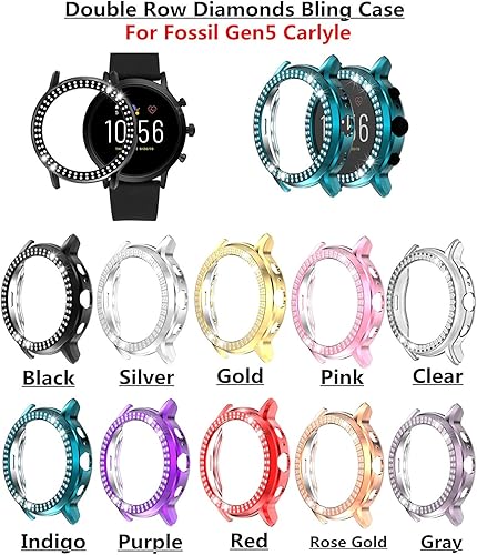 Miniatura 14 de Compatible con Fossil Gen 5 Carlyle - Carcasa protectora rígida para reloj Fossil Gen5 Carlyle con diamantes de cristal brillante, marco duro